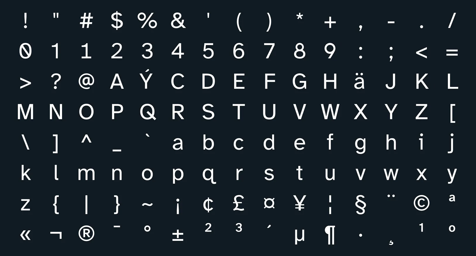 El juego de caracteres de Atkinson Hyperlegible Next: signos, números, mayúsculas y minúsculas, en blanco sobre fondo oscuro.