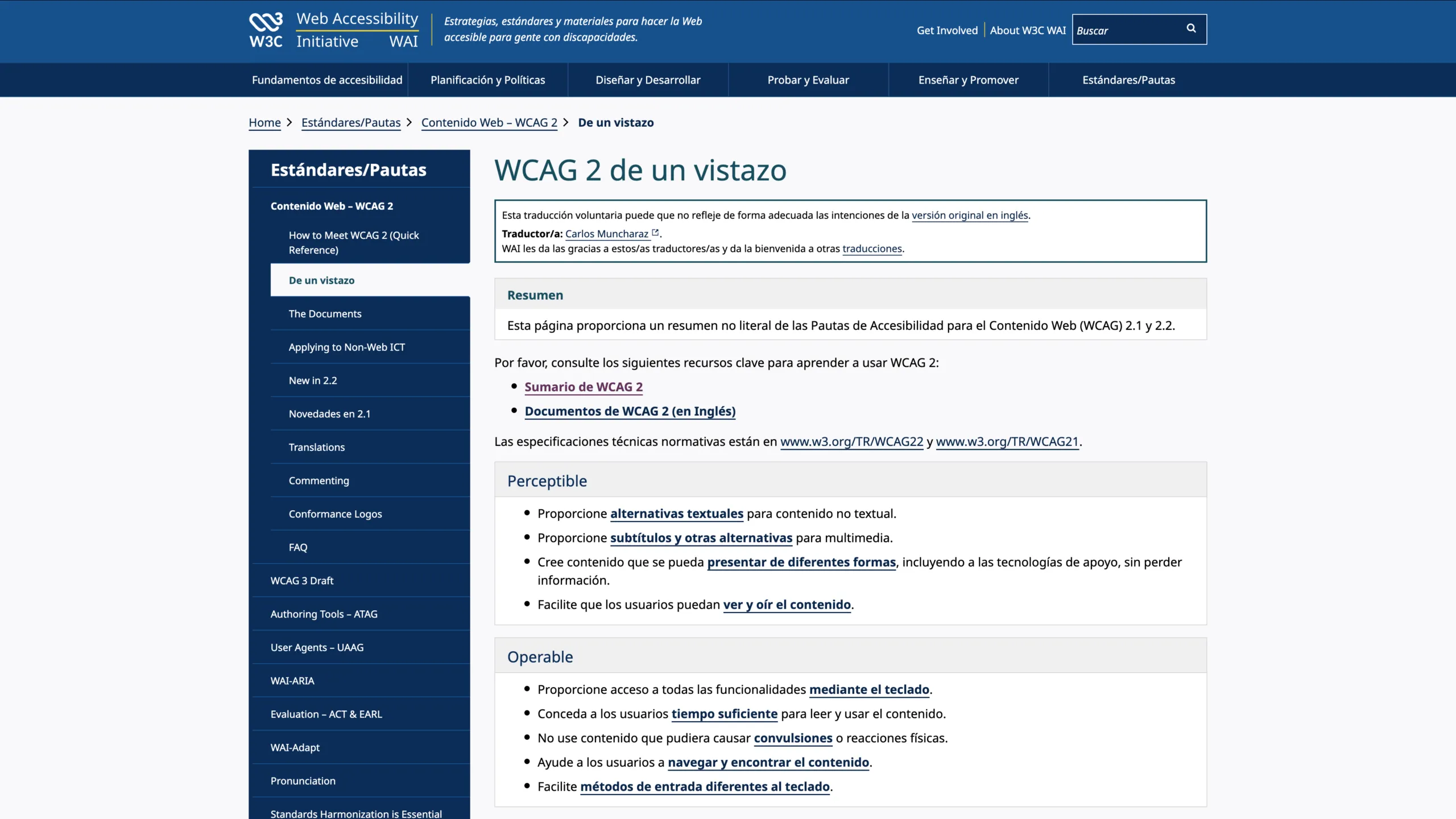 La página «WCAG 2 de un vistazo» de la Iniciativa de Accesibilidad Web (WAI) del W3C, en su traducción al castellano, con los principios Perceptible y Operable y sus pautas.